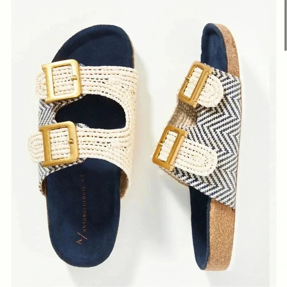 Anthropologie Navy & Natural Woven Double-Buckle Slide Sandals
